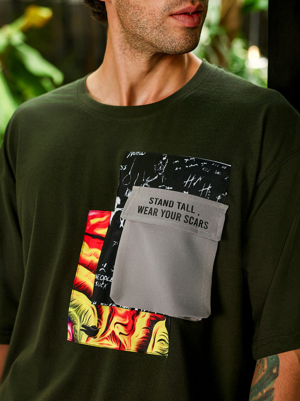 Men's Dark Olive Green Oversized Graphic Printed T-Shirt