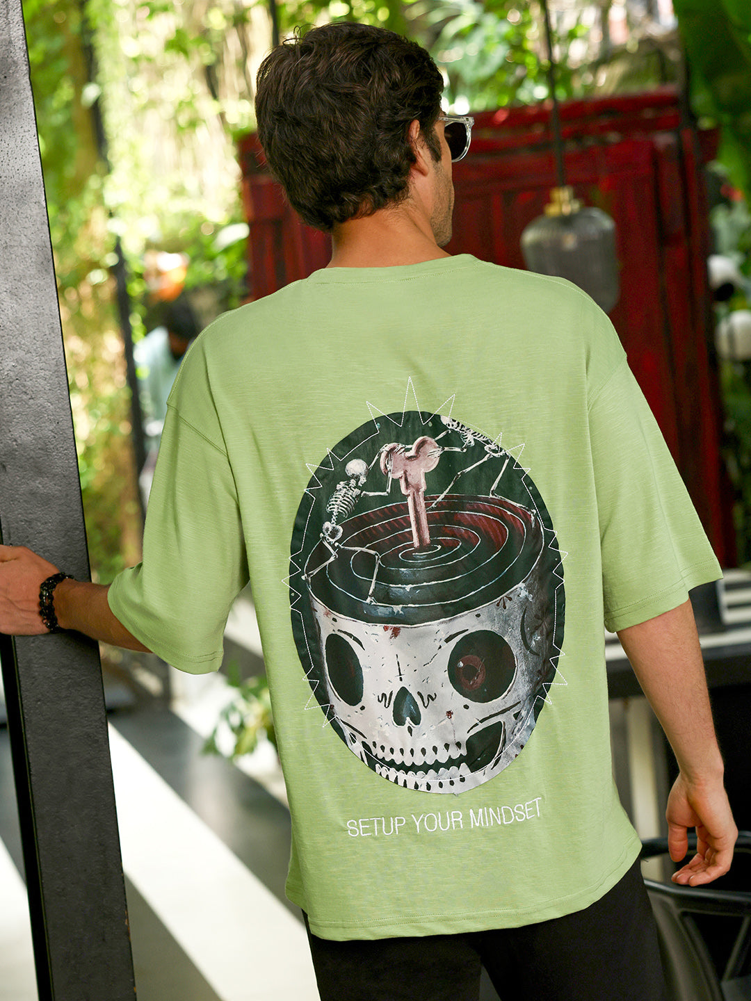 Men's Lime Green Oversized Graphic Print Crew Neck T-shirt
