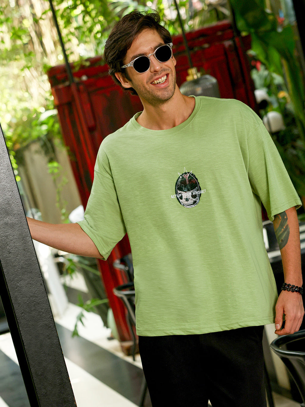 Men's Lime Green Oversized Graphic Print Crew Neck T-shirt