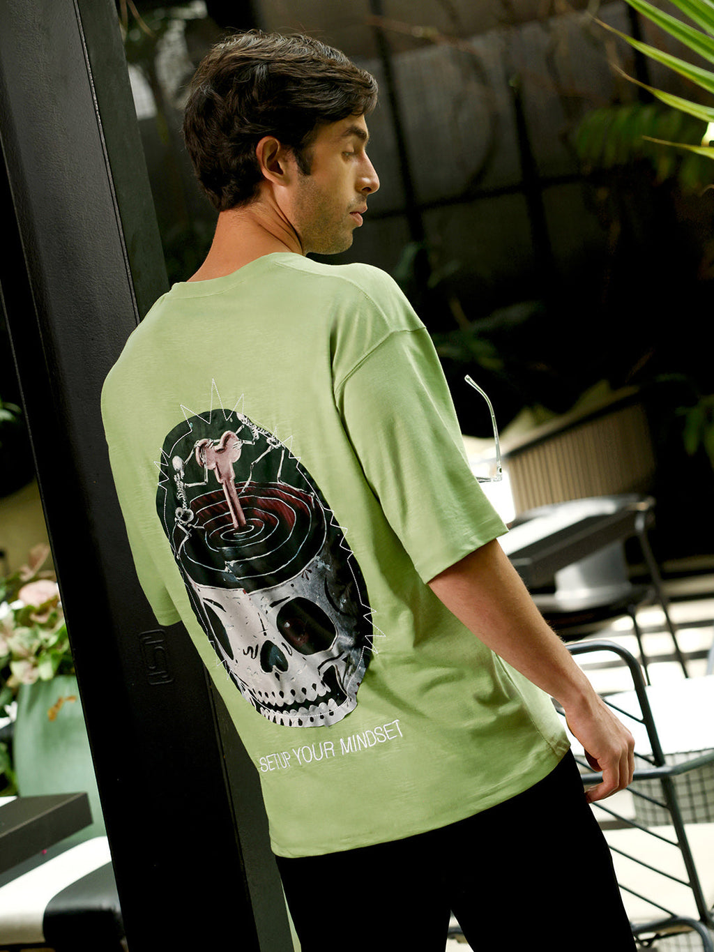 Men's Lime Green Oversized Graphic Print Crew Neck T-shirt