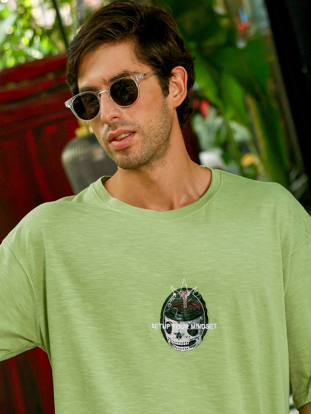 Men's Lime Green Oversized Graphic Print Crew Neck T-shirt