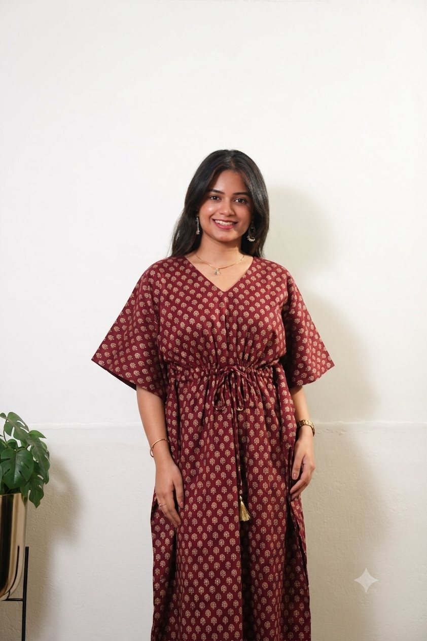 Maroon butta cotton kaftan