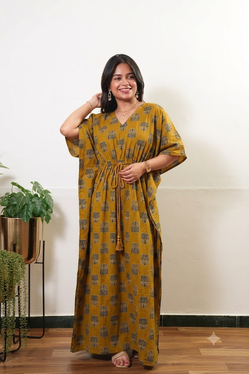Mustard lotus cotton kaftan