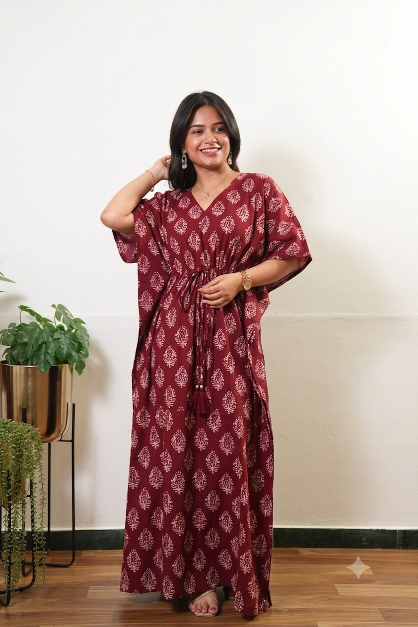 Deep maroon butta cotton kaftan