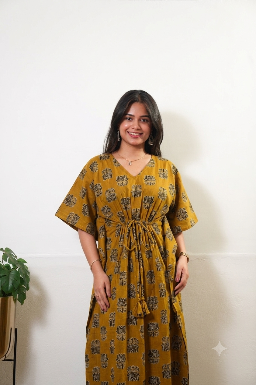 Mustard lotus cotton kaftan