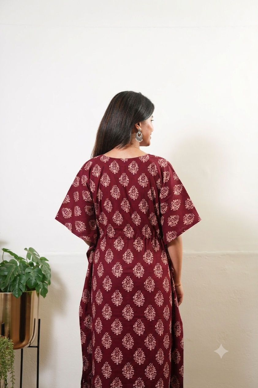 Deep maroon butta cotton kaftan