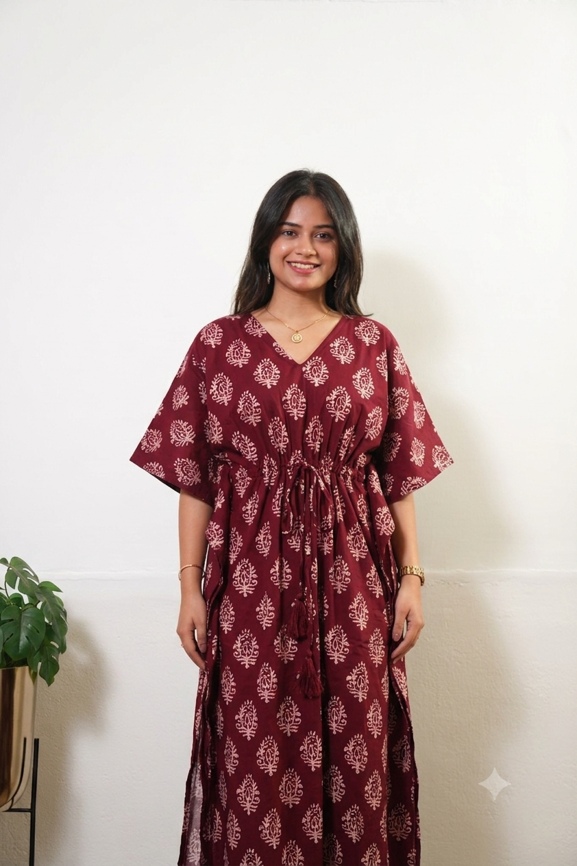 Deep maroon butta cotton kaftan