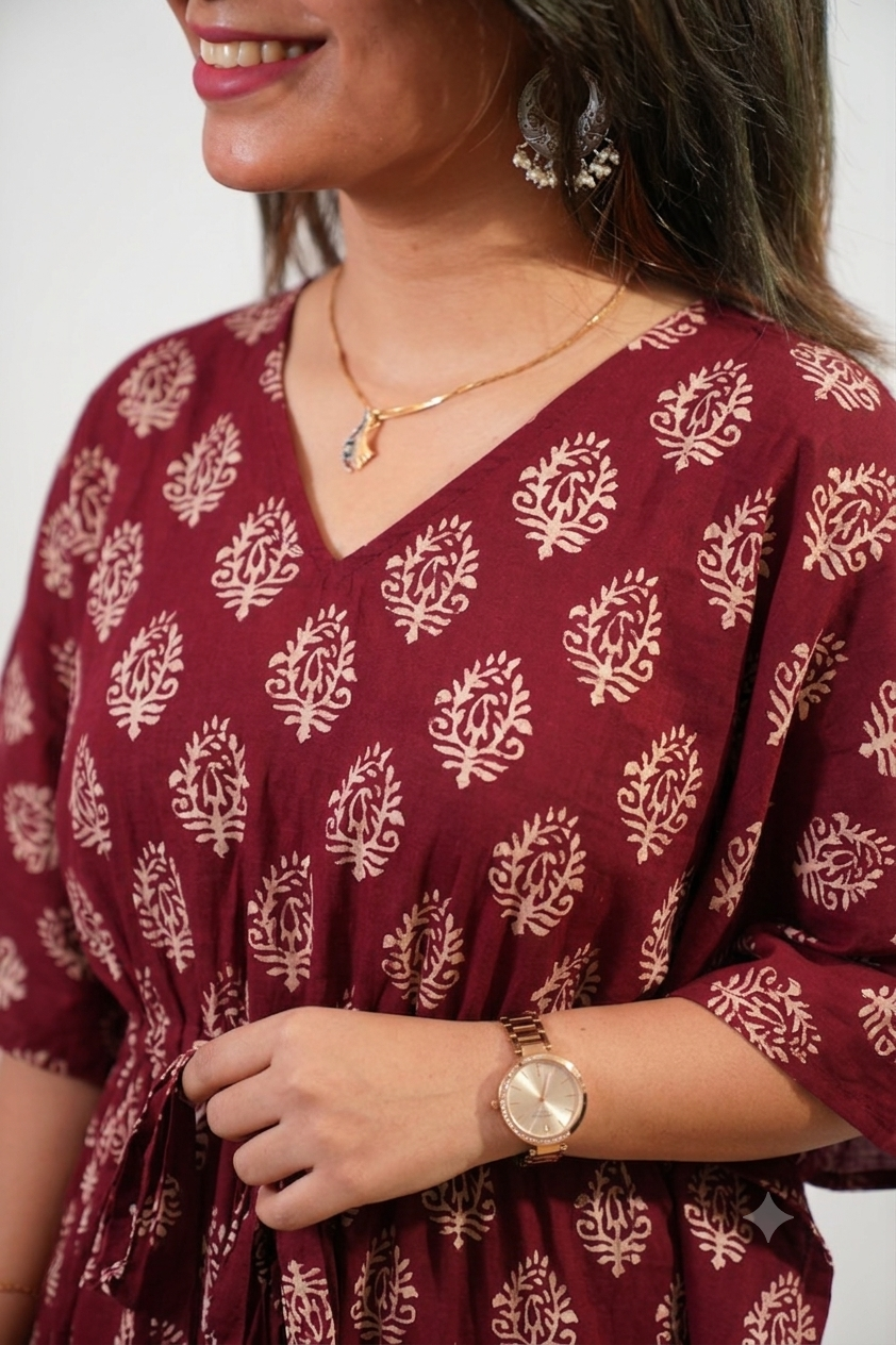 Deep maroon butta cotton kaftan