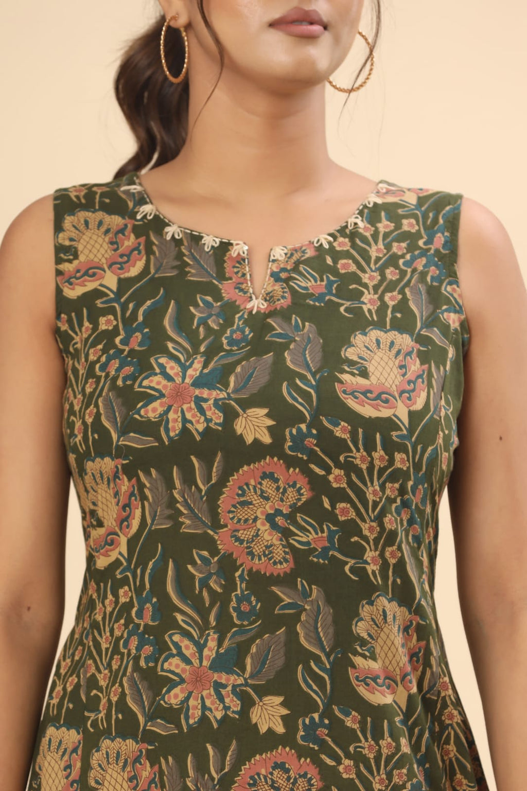 Olive green floral cotton midi dress (attached sleeves)