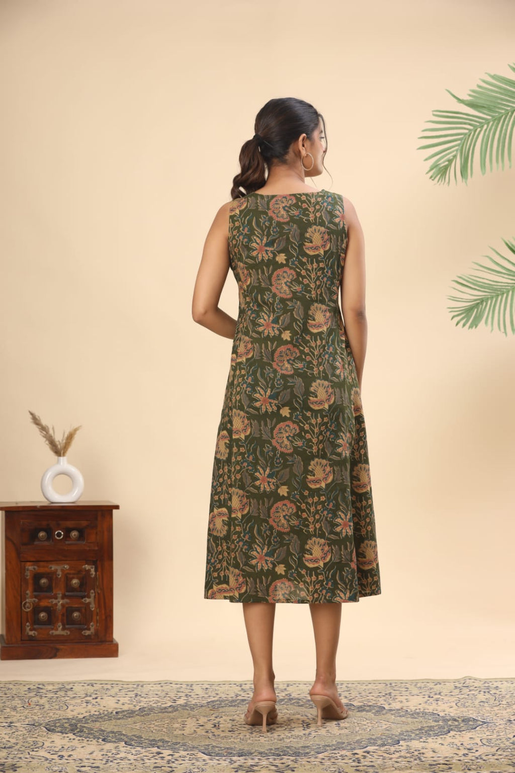 Olive green floral cotton midi dress (attached sleeves)