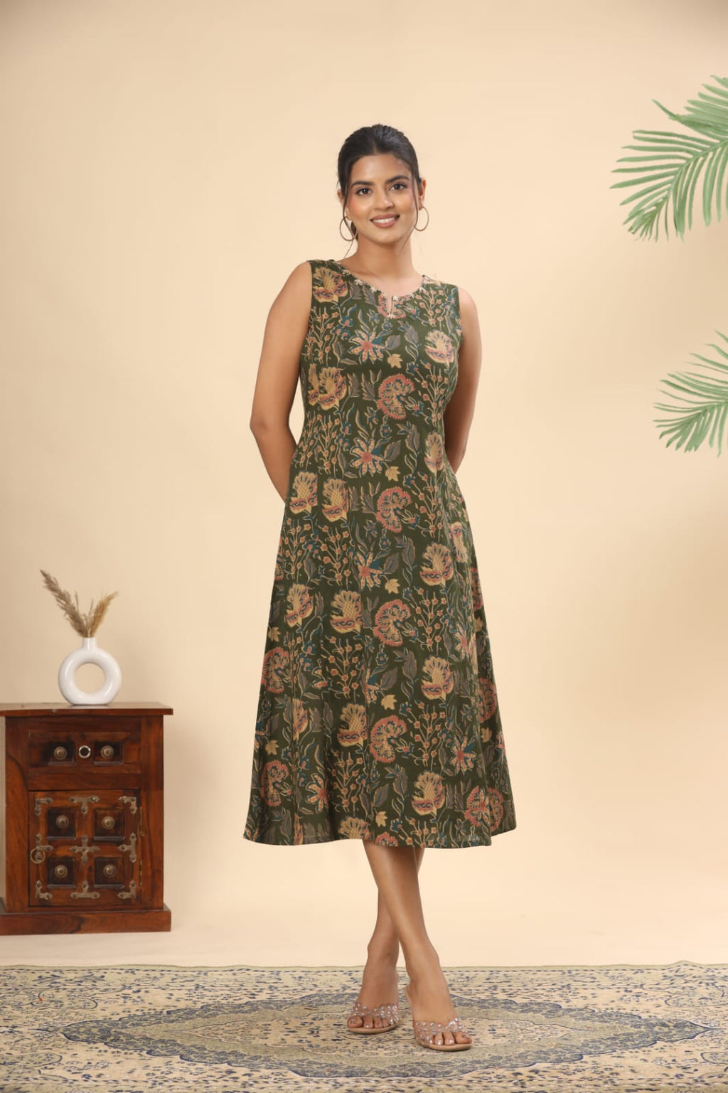 Olive green floral cotton midi dress (attached sleeves)
