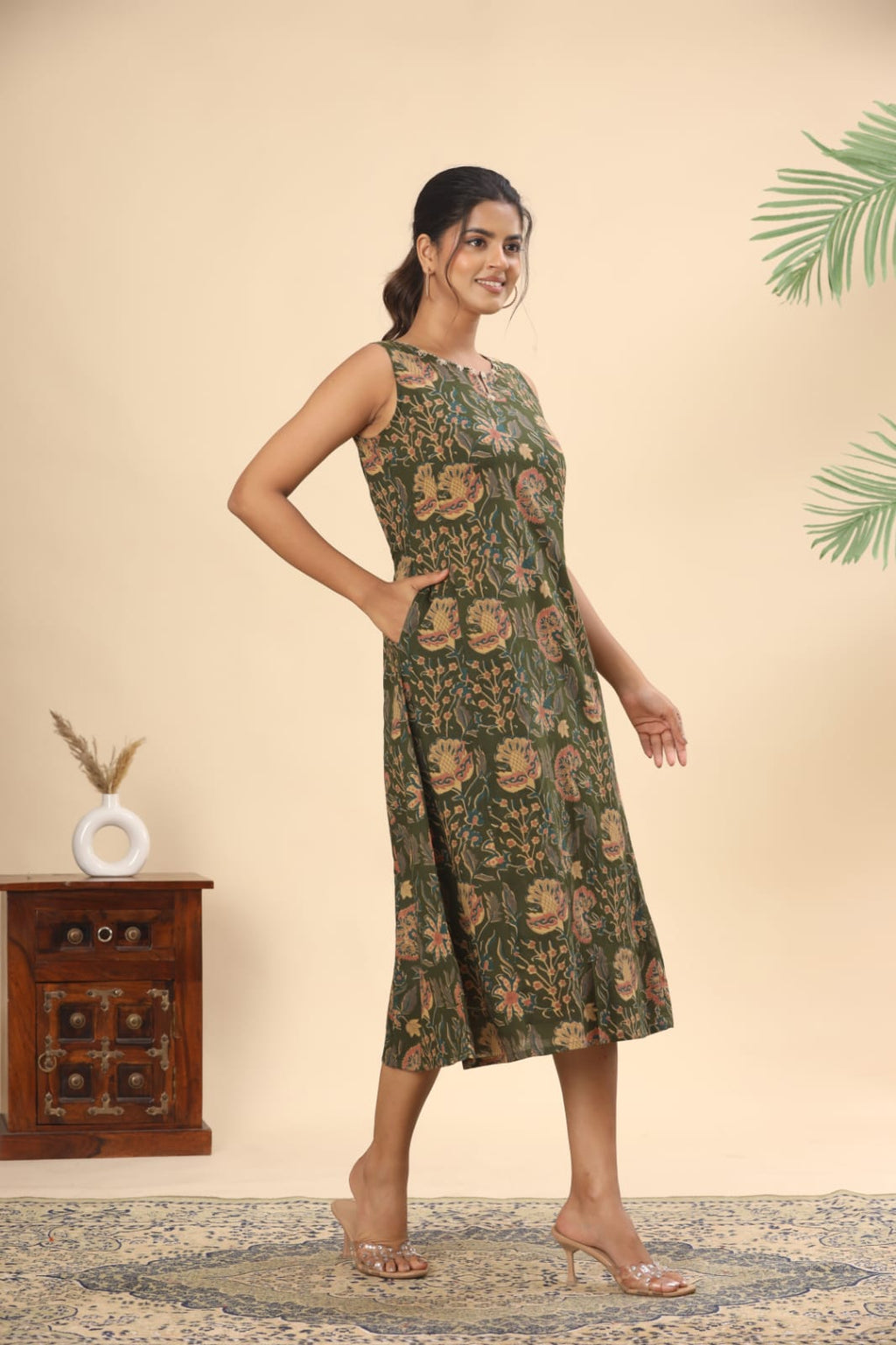 Olive green floral cotton midi dress (attached sleeves)