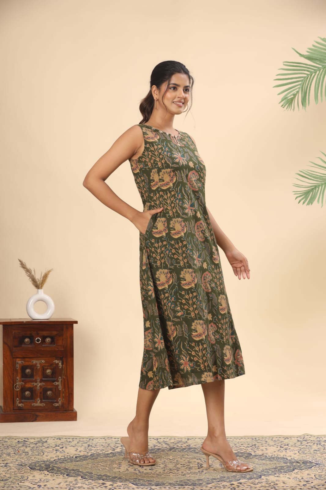 Olive green floral cotton midi dress (attached sleeves)
