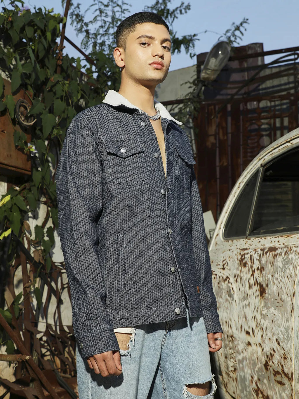 Fleece Polka Dot Denim Jacket