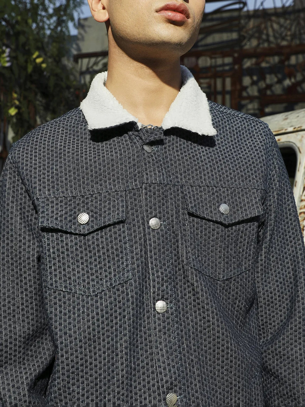 Fleece Polka Dot Denim Jacket