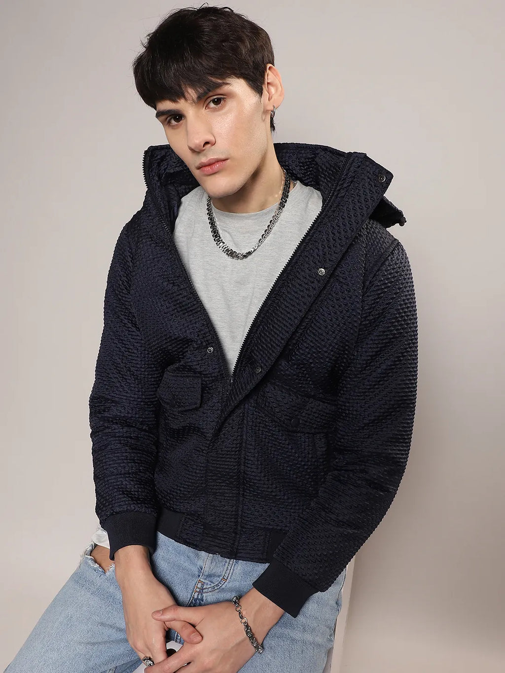 Self-Design Diamond Puffer Jacket With Fleece Hood
