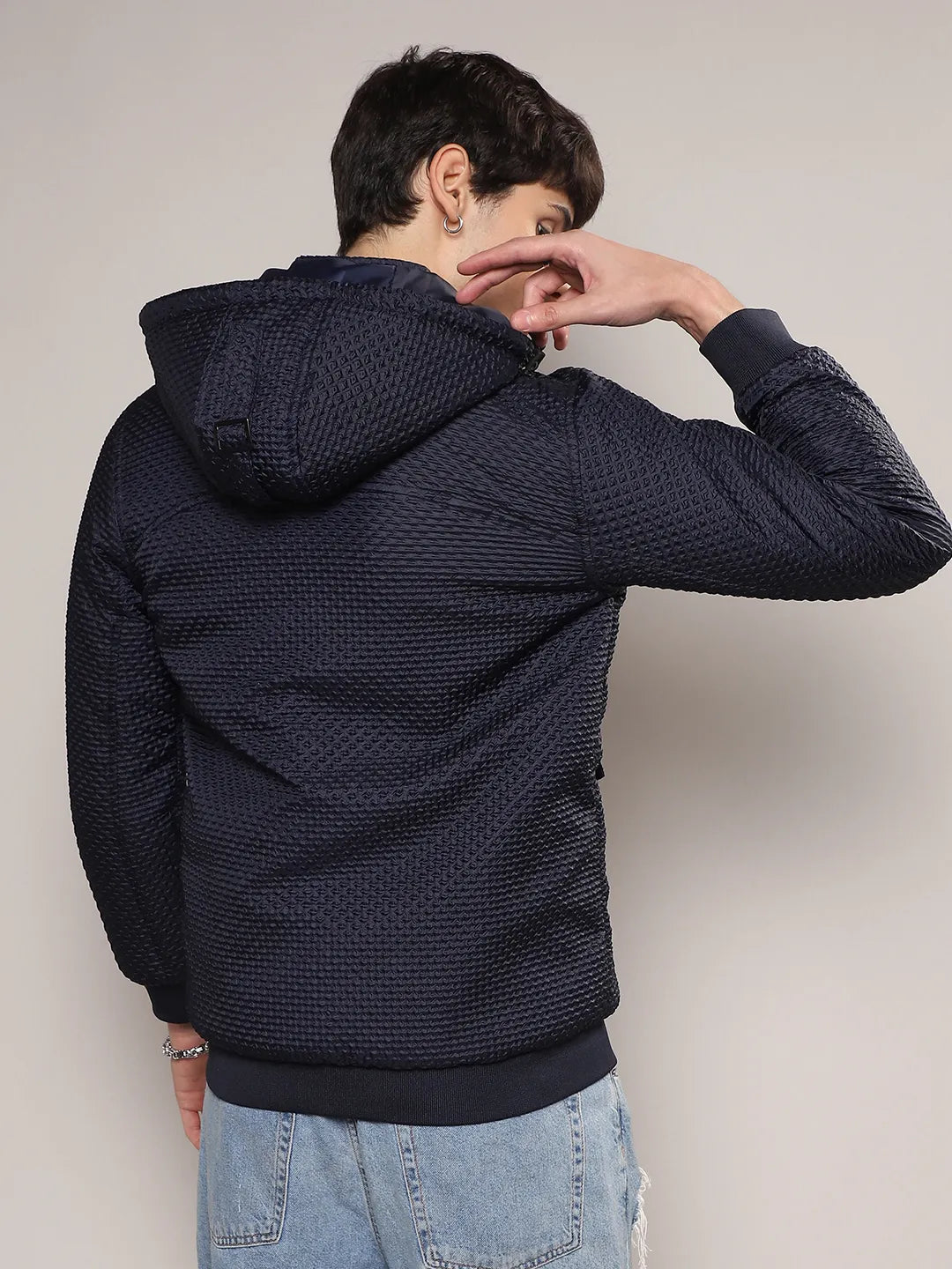 Self-Design Diamond Puffer Jacket With Fleece Hood