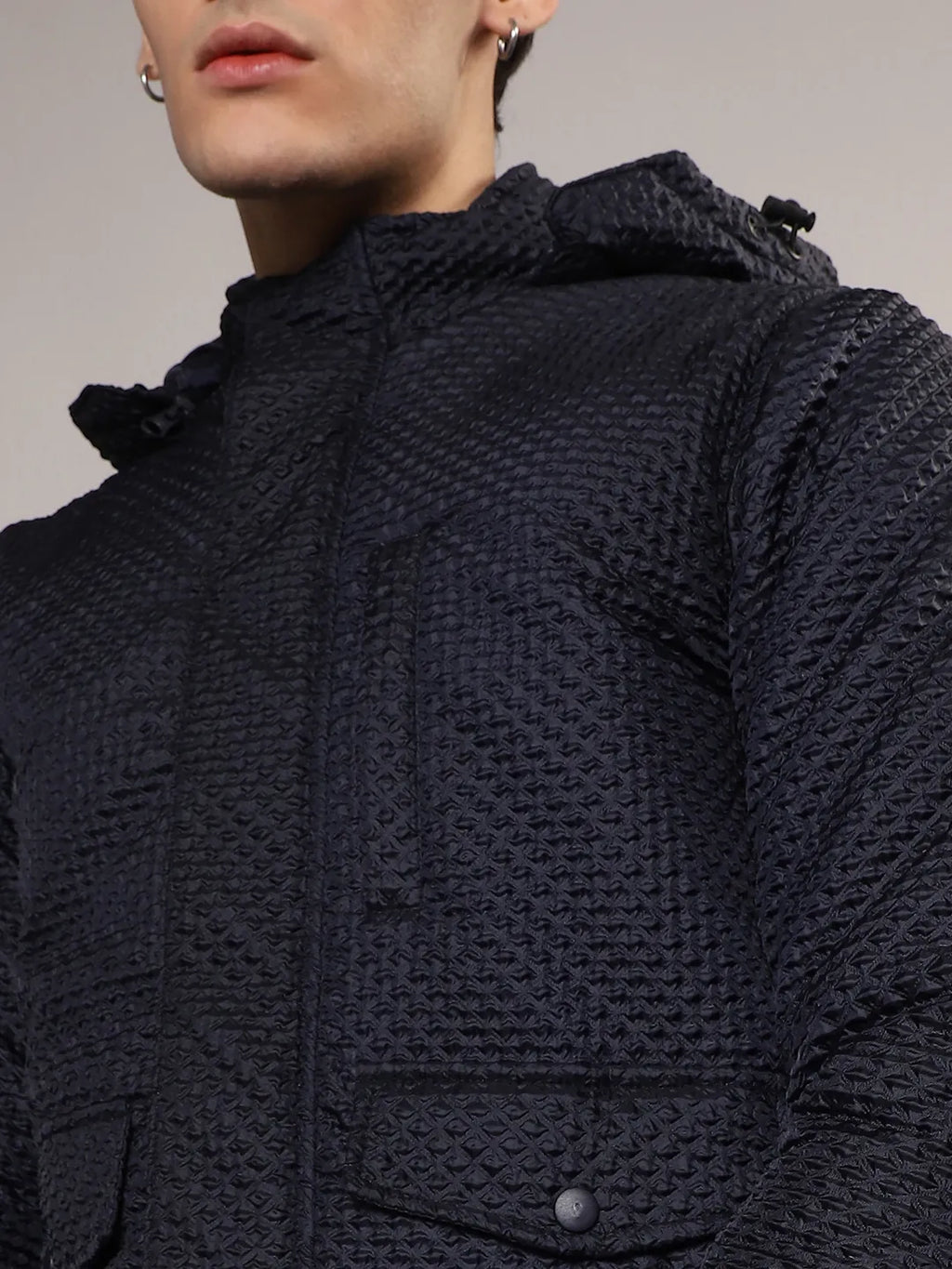 Self-Design Diamond Puffer Jacket With Fleece Hood