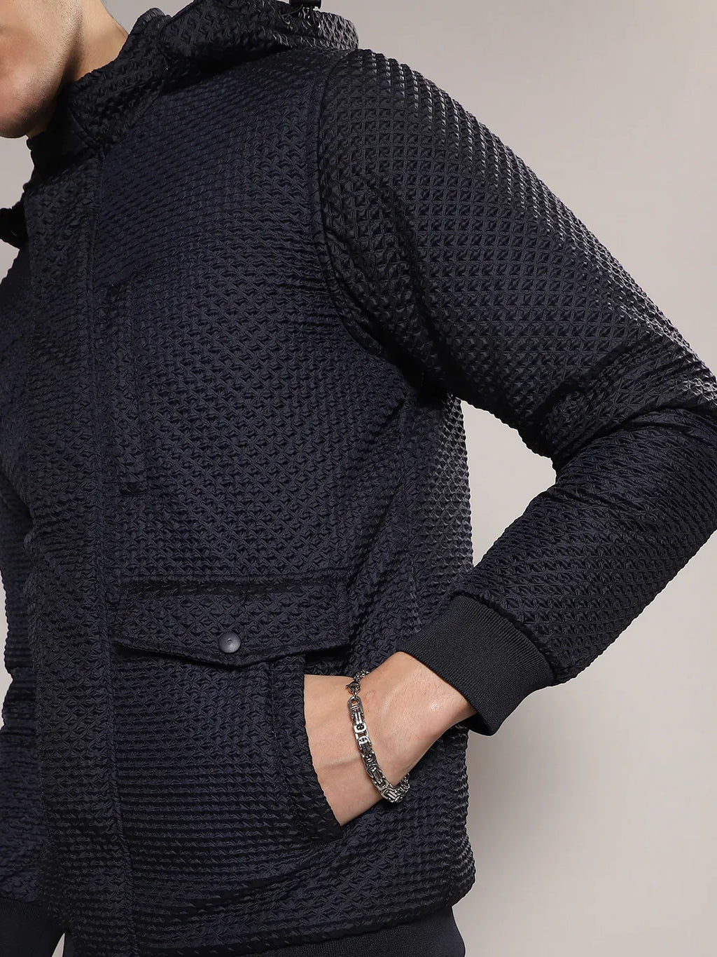 Self-Design Diamond Puffer Jacket With Fleece Hood