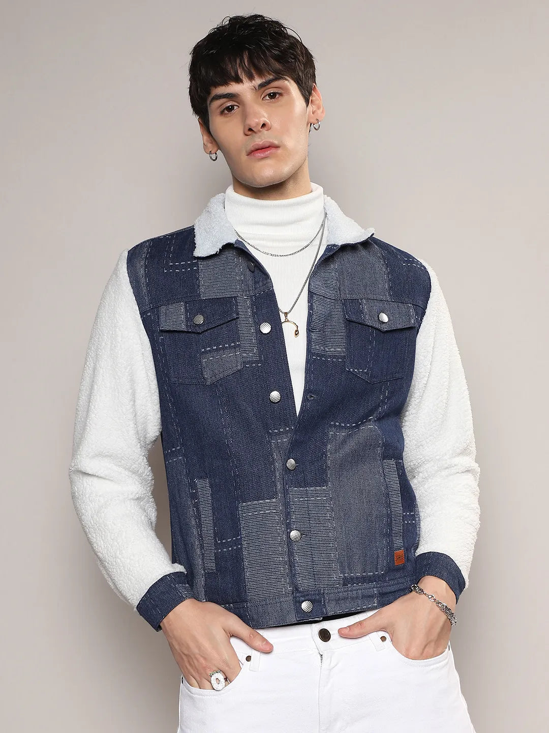 Fleece Block Denim Jacket