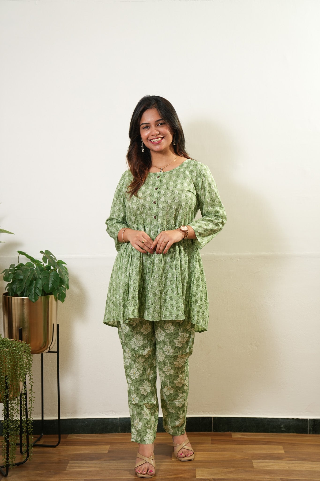 Pastel green peplum button down cotton comfies