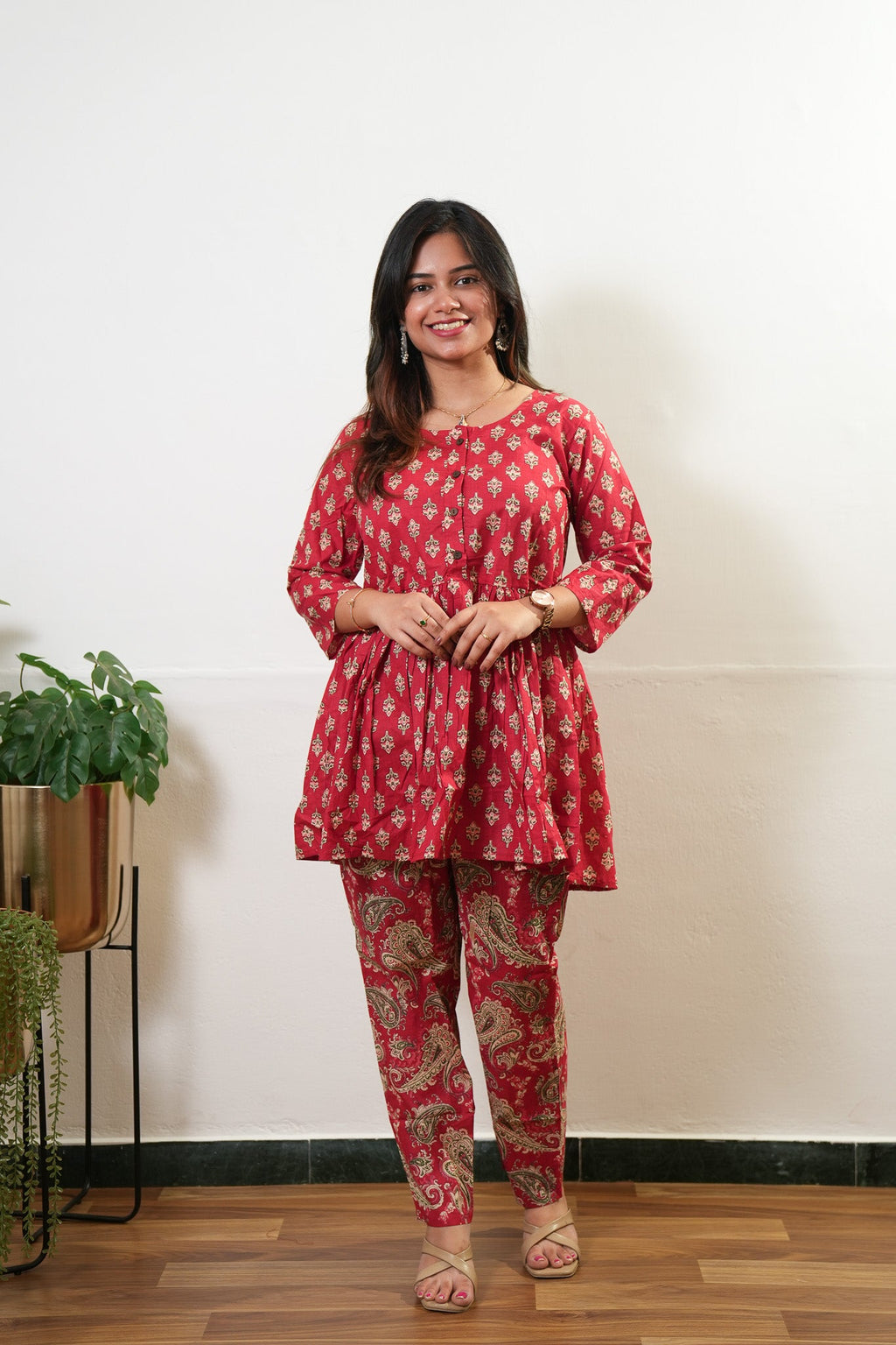 Tomato red peplum button down cotton comfies