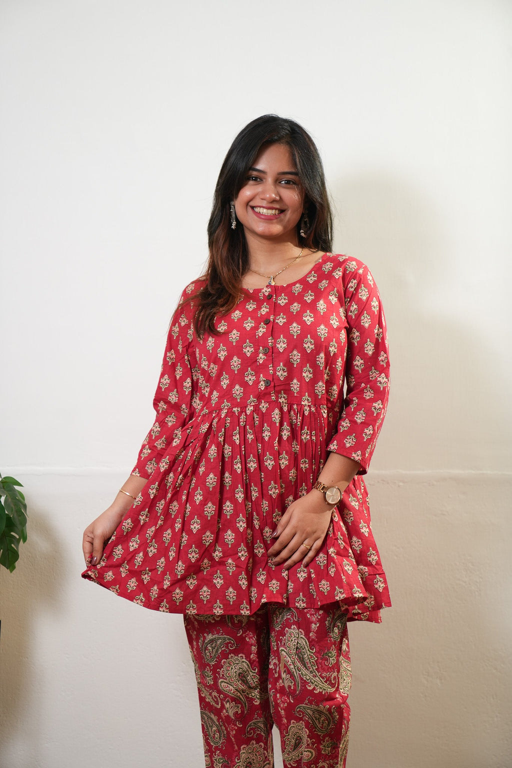 Tomato red peplum button down cotton comfies