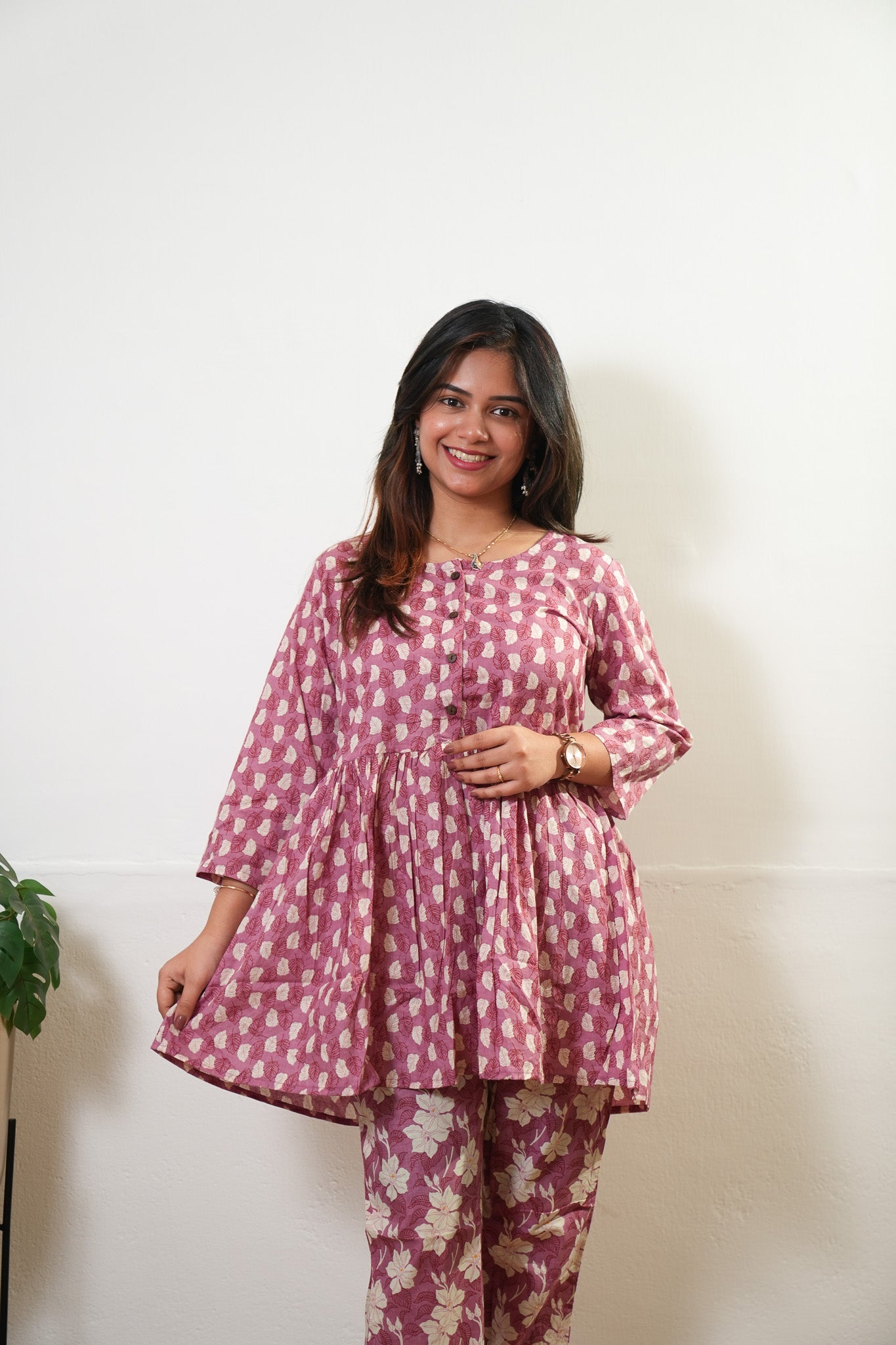 Mauve peplum button down cotton comfies