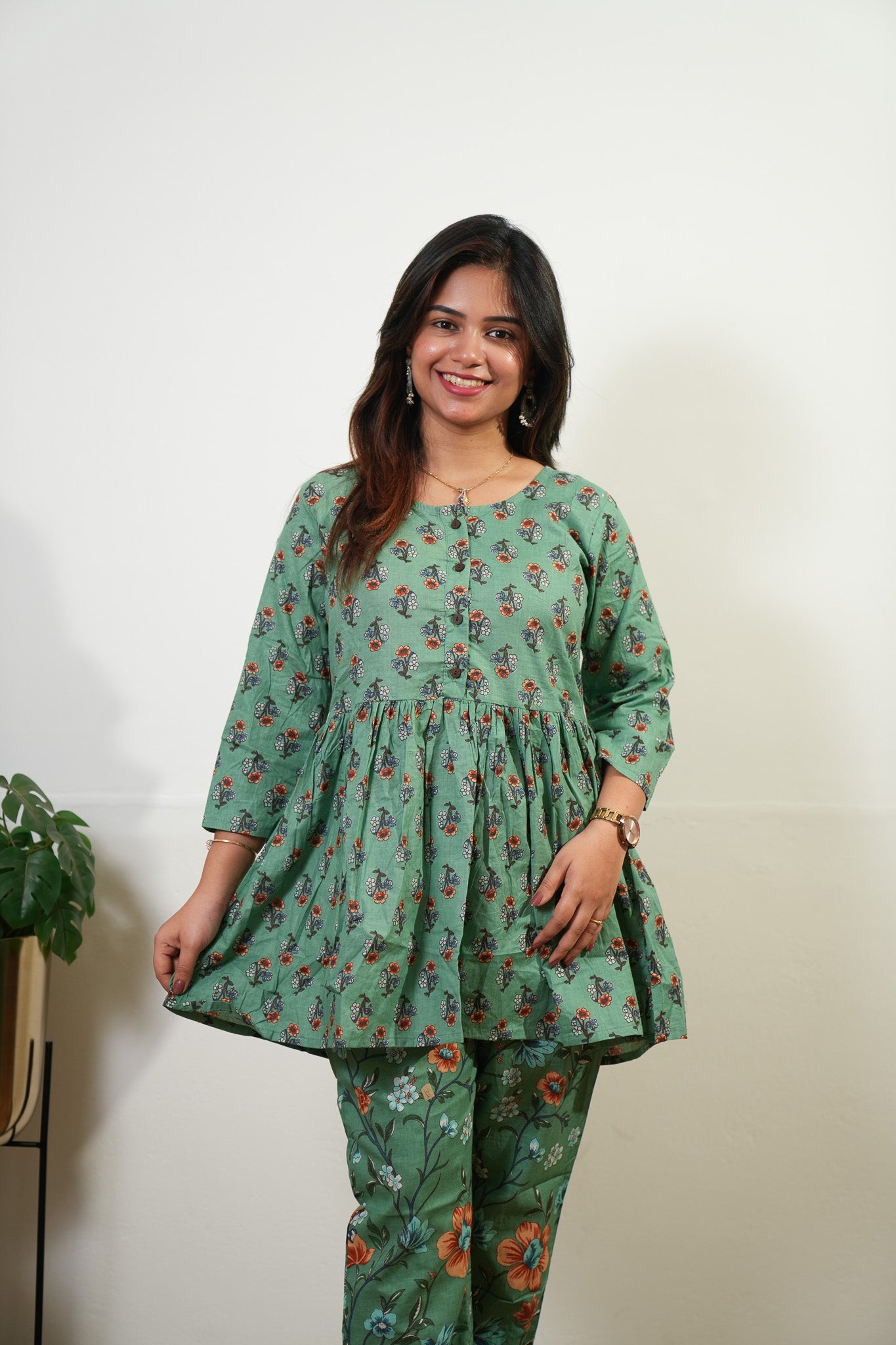 Sage peplum button down cotton comfies