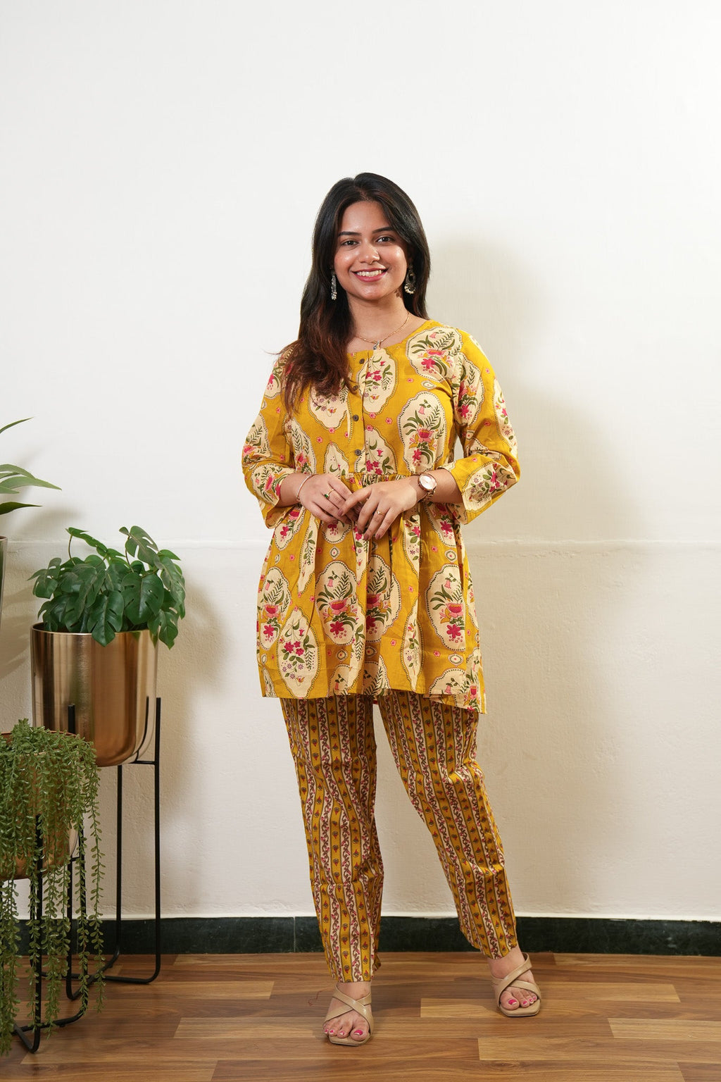 Mustard floral peplum button down cotton comfies
