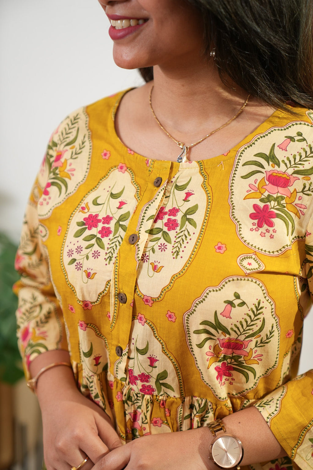 Mustard floral peplum button down cotton comfies