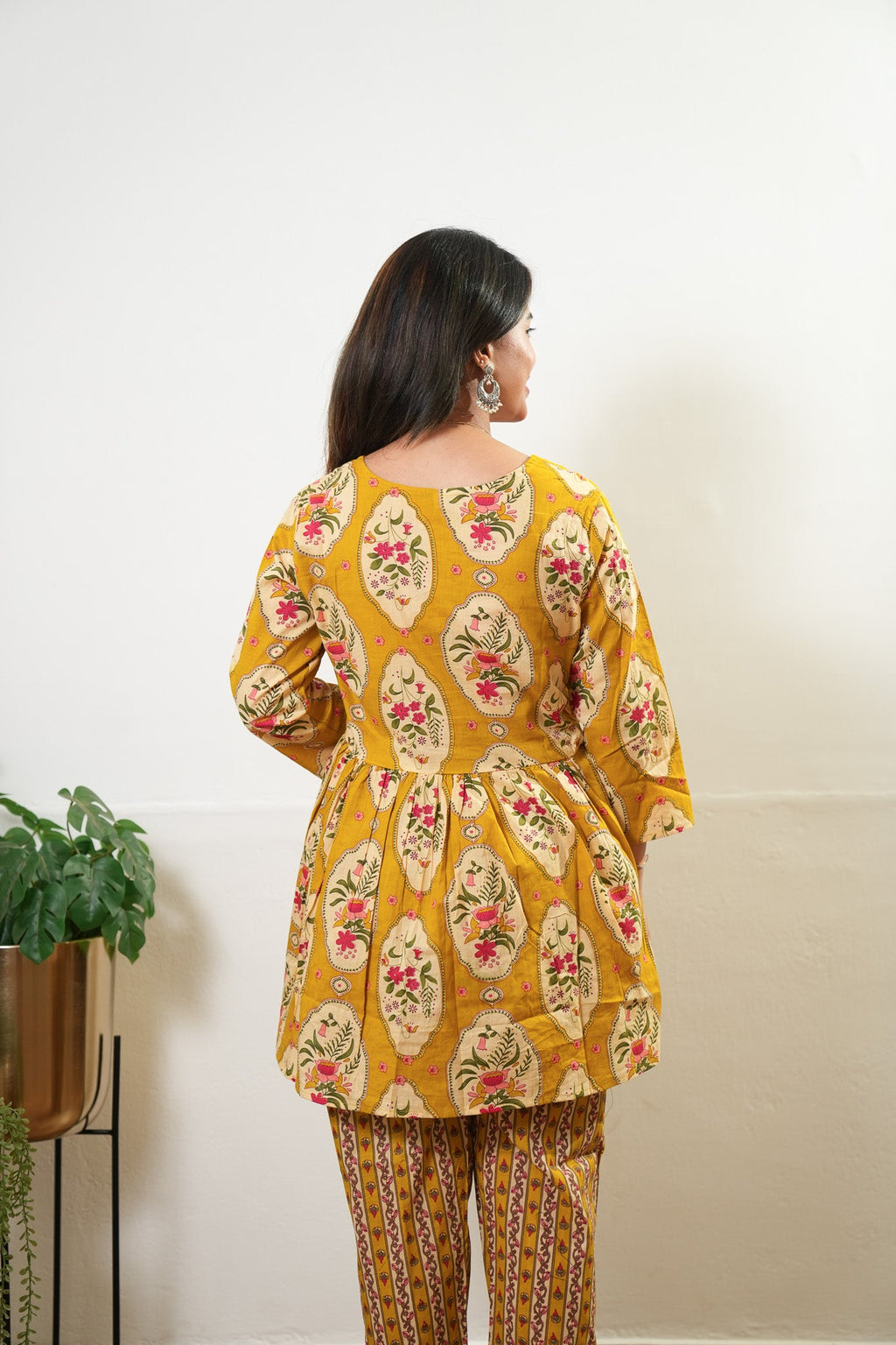 Mustard floral peplum button down cotton comfies