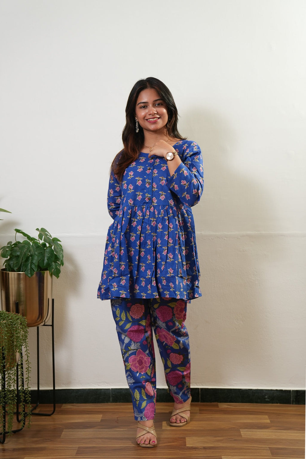 Ink blue butta peplum button down cotton comfies