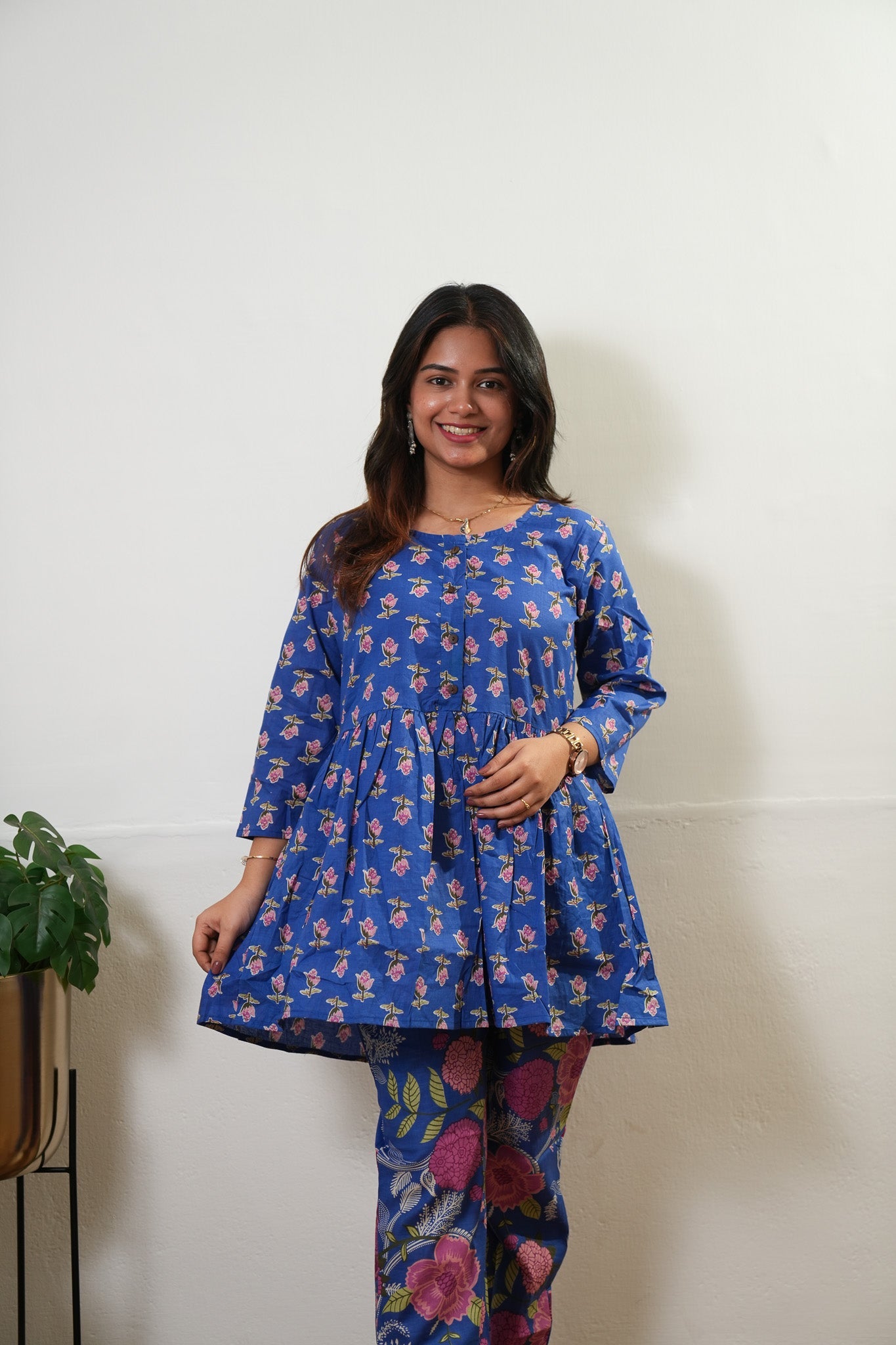 Ink blue butta peplum button down cotton comfies