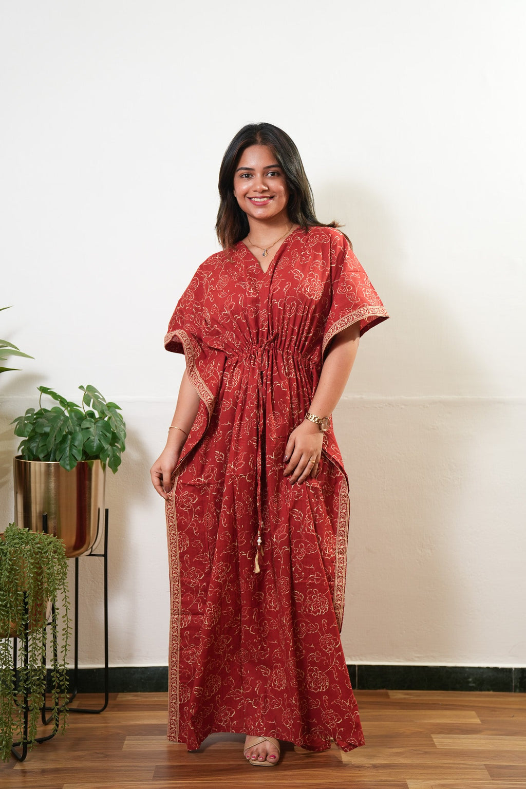 Rust orange roses cotton kaftan