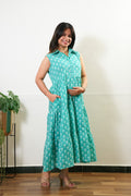 Turquoise button down cotton shirt dress (attached sleeves)