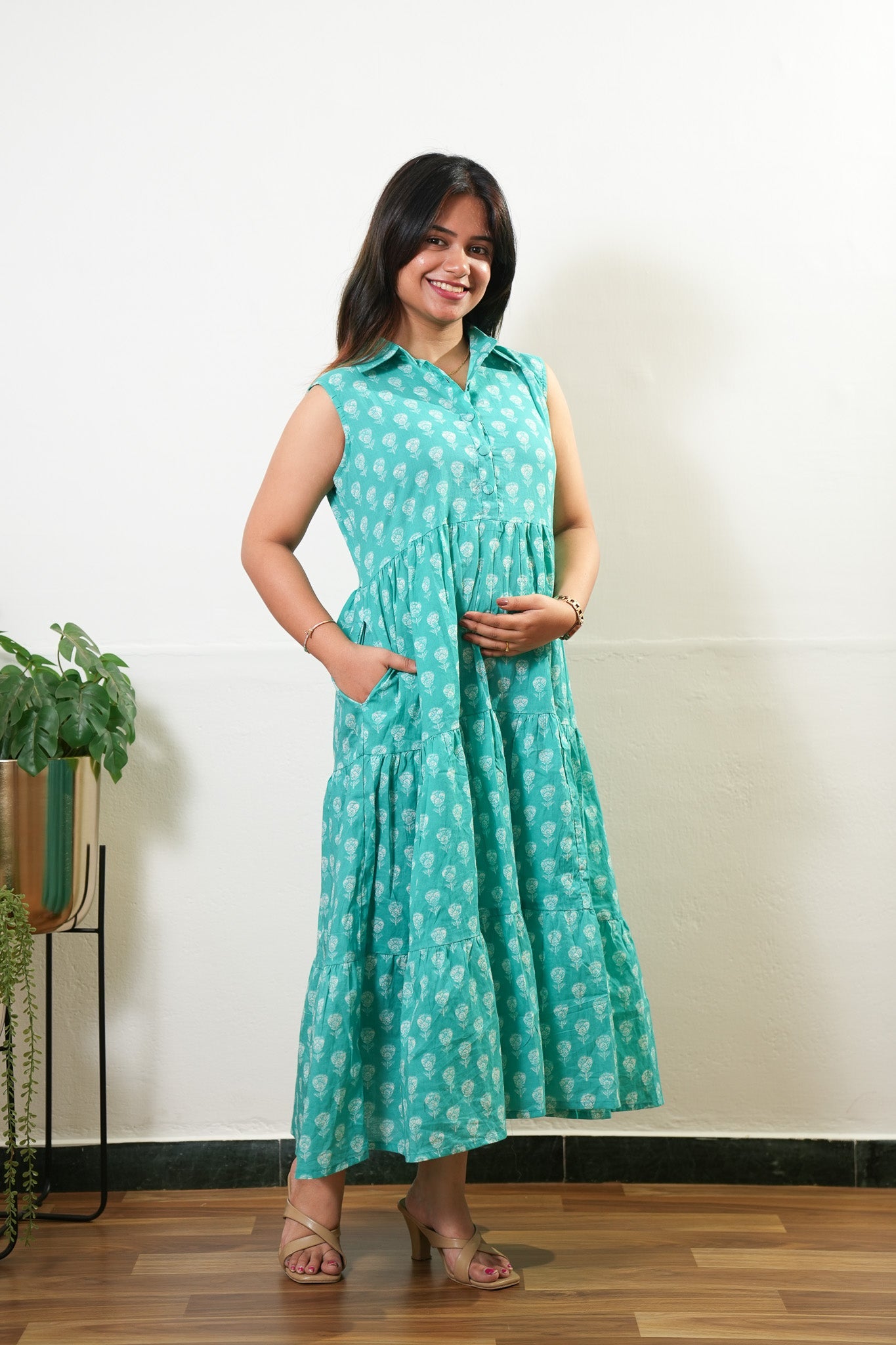 Turquoise button down cotton shirt dress (attached sleeves)