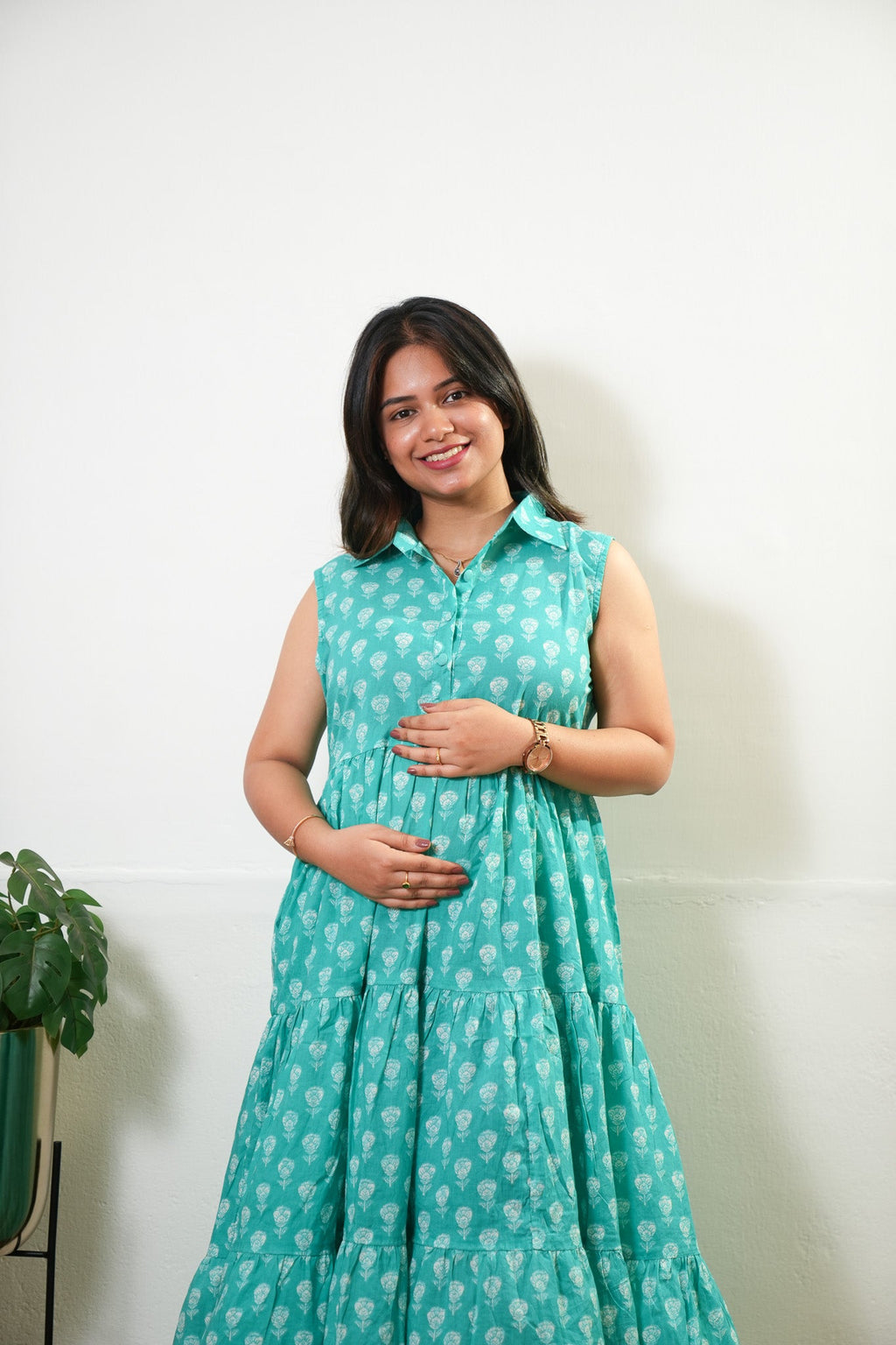 Turquoise button down cotton shirt dress (attached sleeves)
