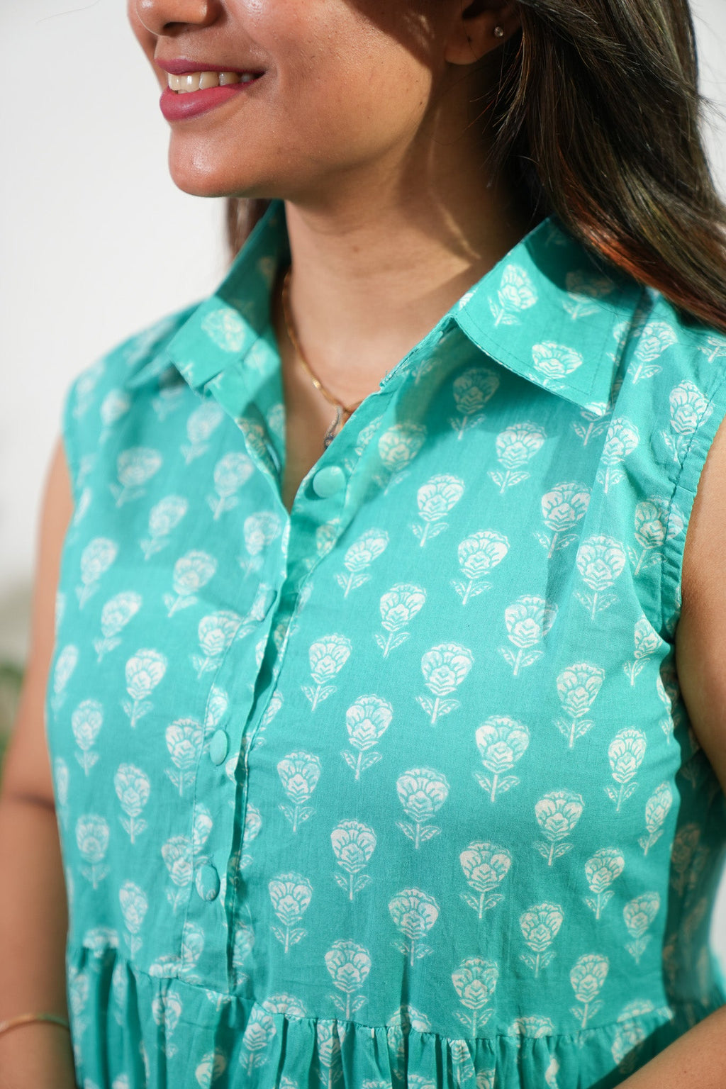 Turquoise button down cotton shirt dress (attached sleeves)