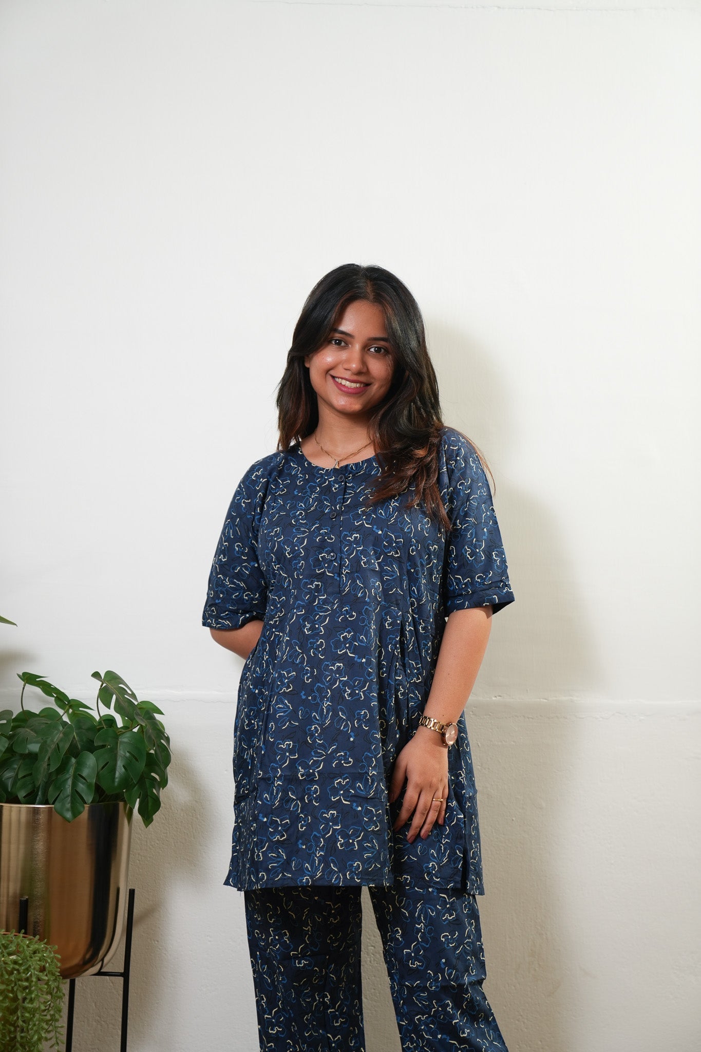 Dark blue button down lounge sleep wear