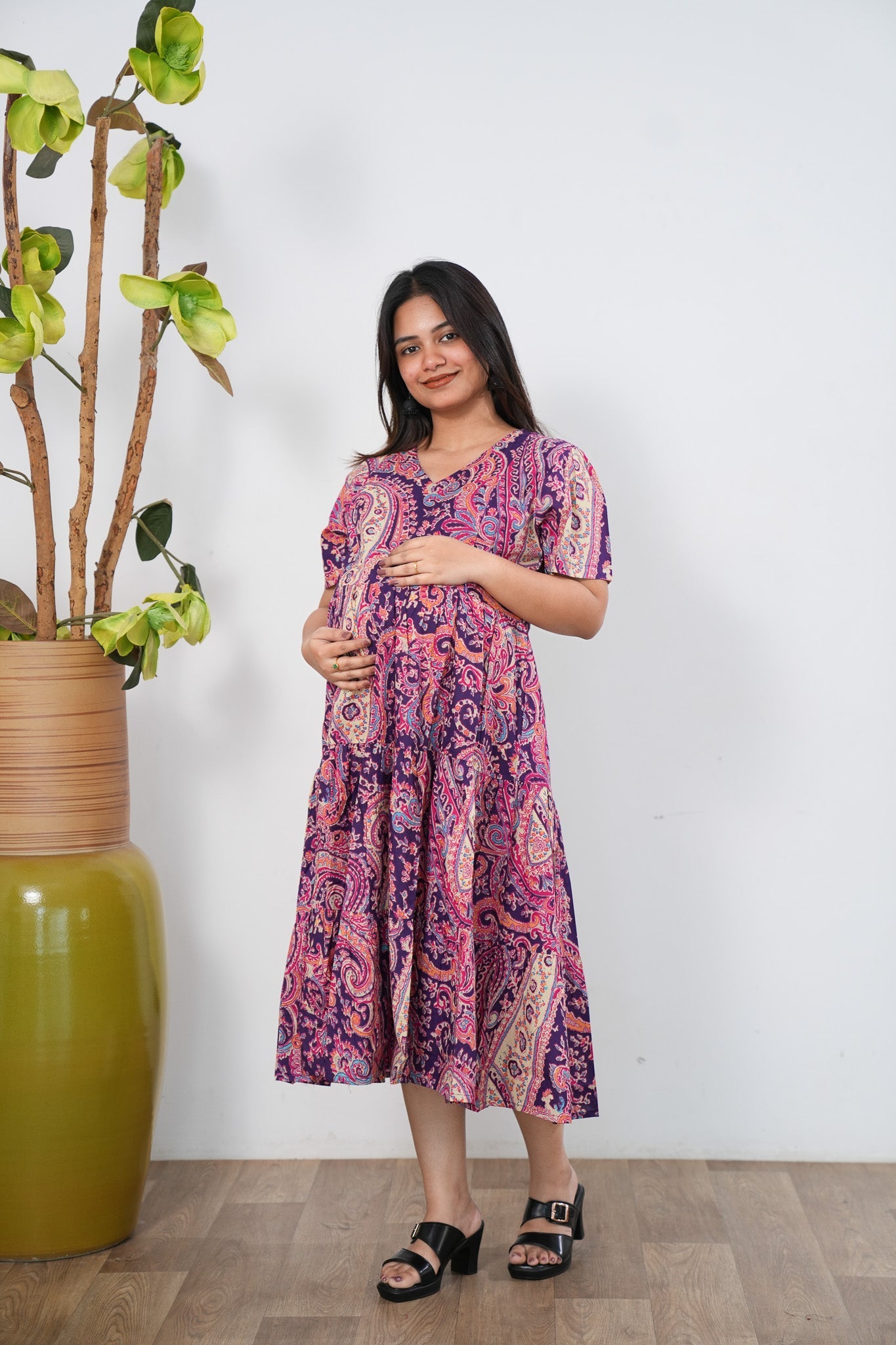 Purple paisley cotton maternity nursing midi dress