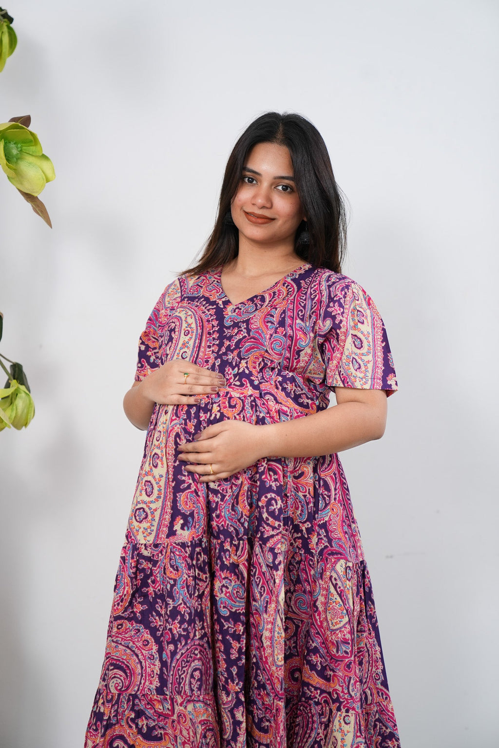 Purple paisley cotton maternity nursing midi dress