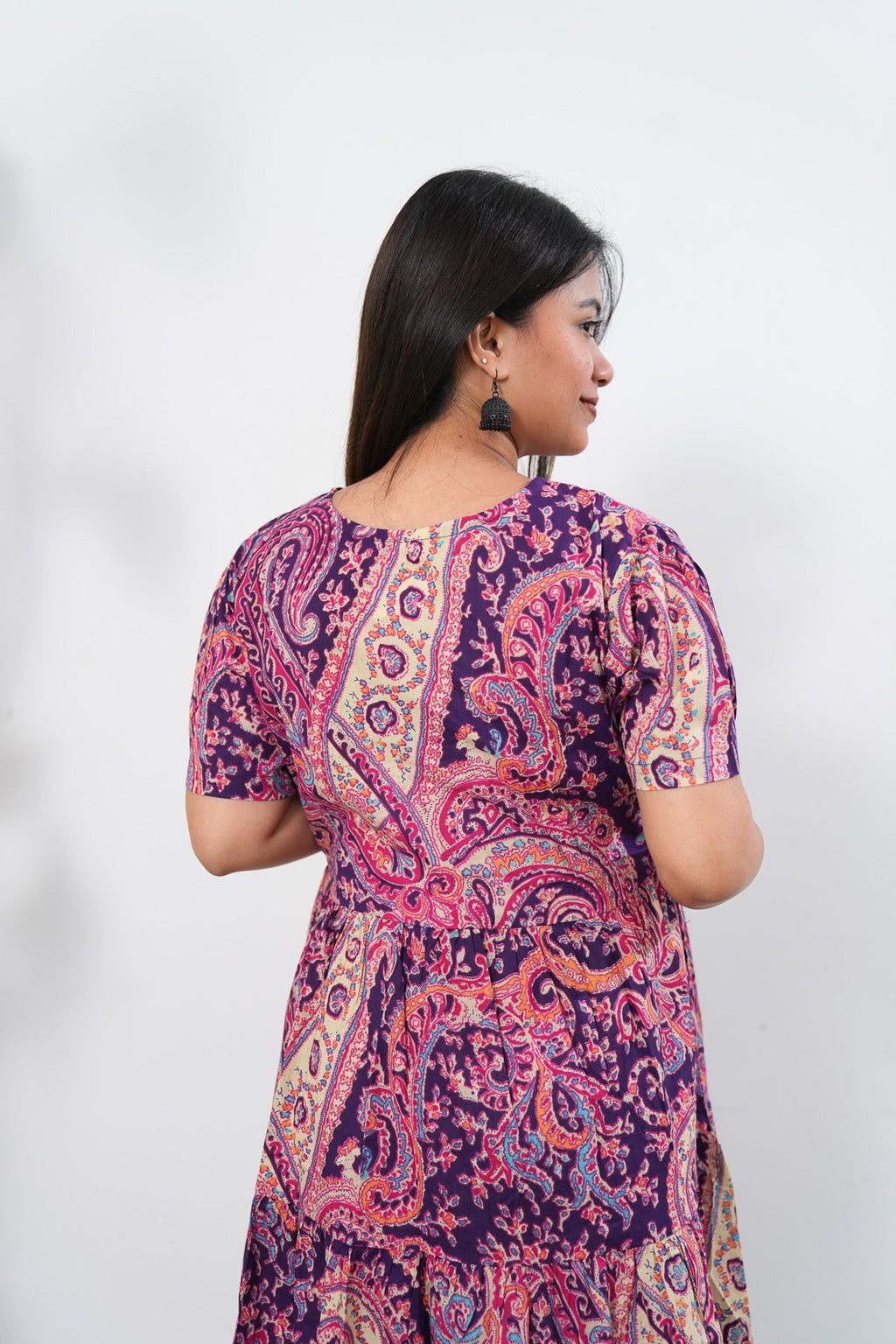 Purple paisley cotton maternity nursing midi dress