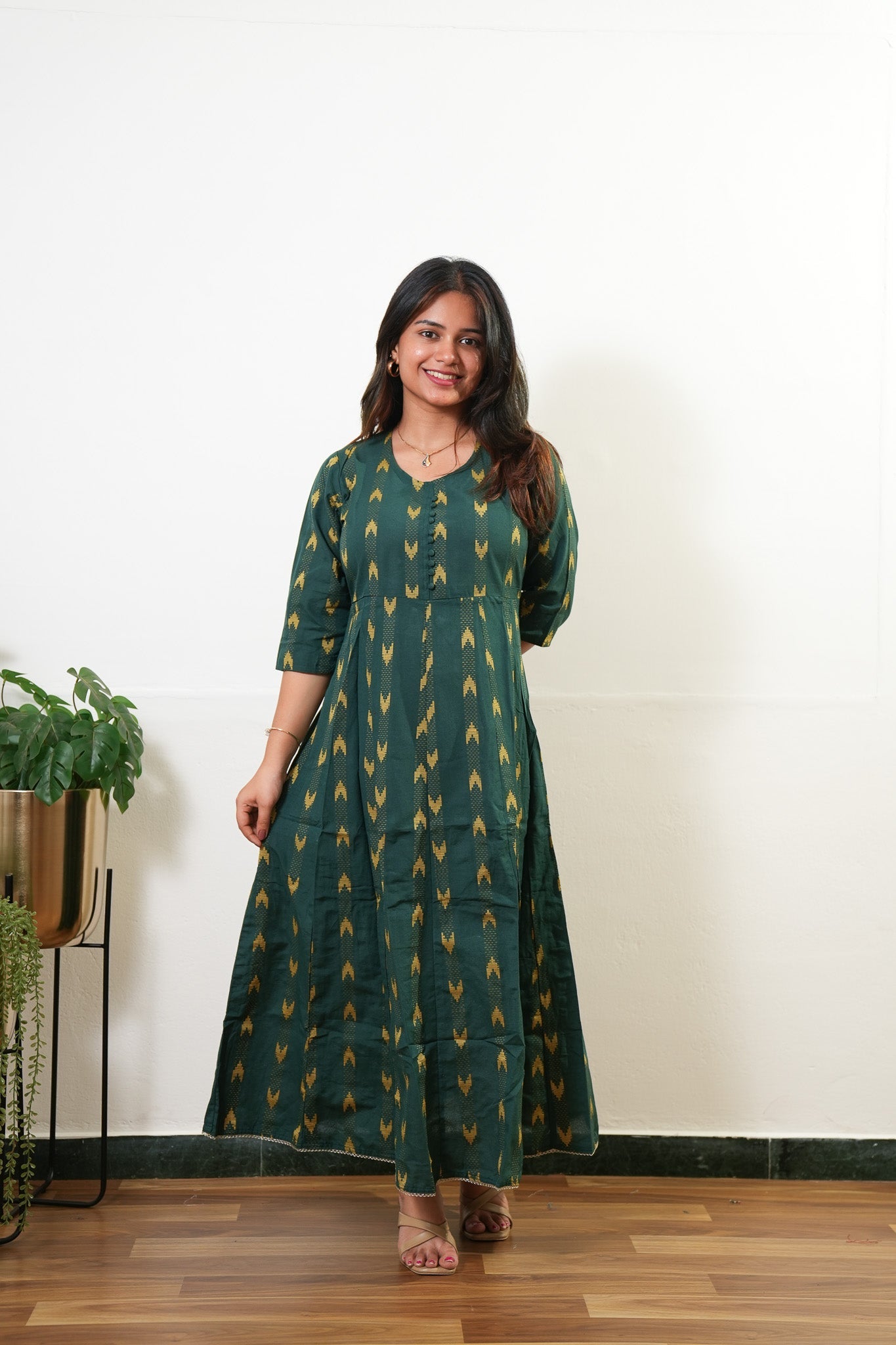 Forest green geometric cotton long gown