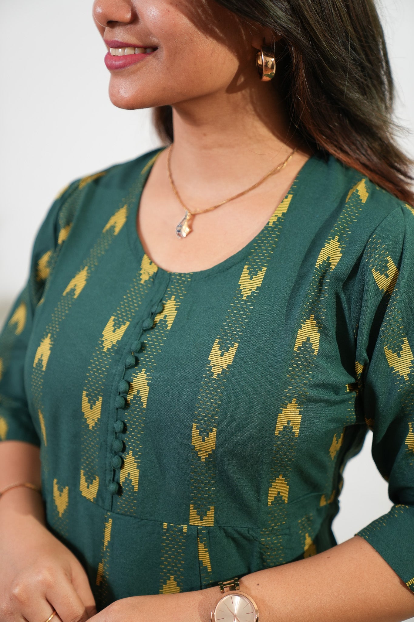 Forest green geometric cotton long gown