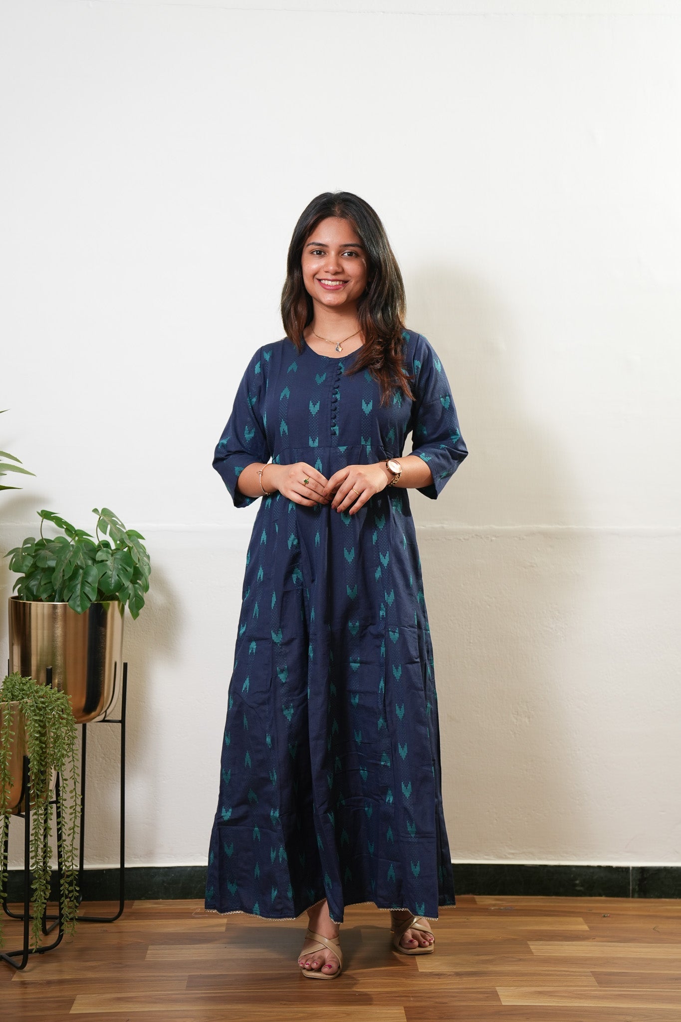 Midnight blue geometric cotton long gown