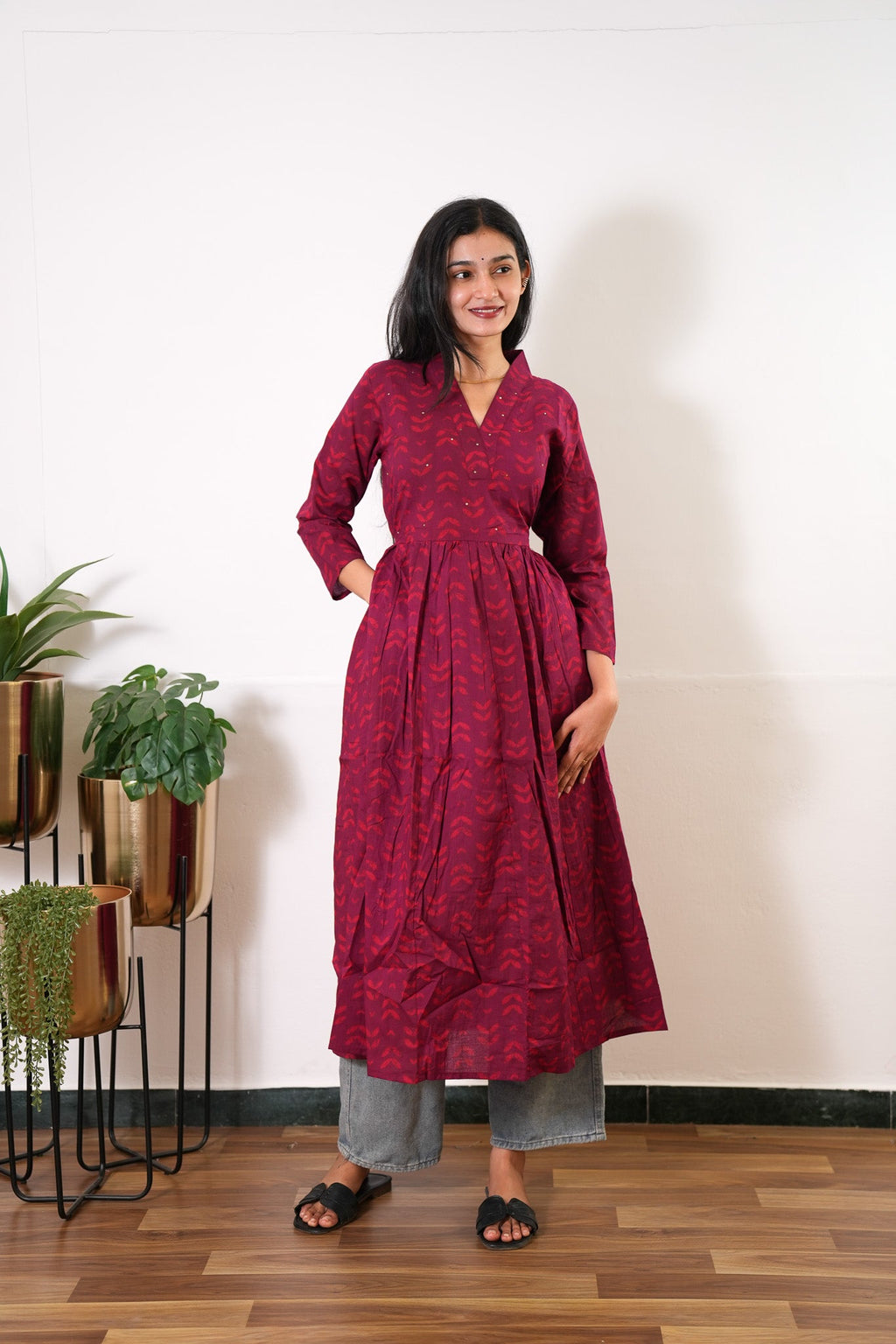 Red v neck anarkali cotton kurta