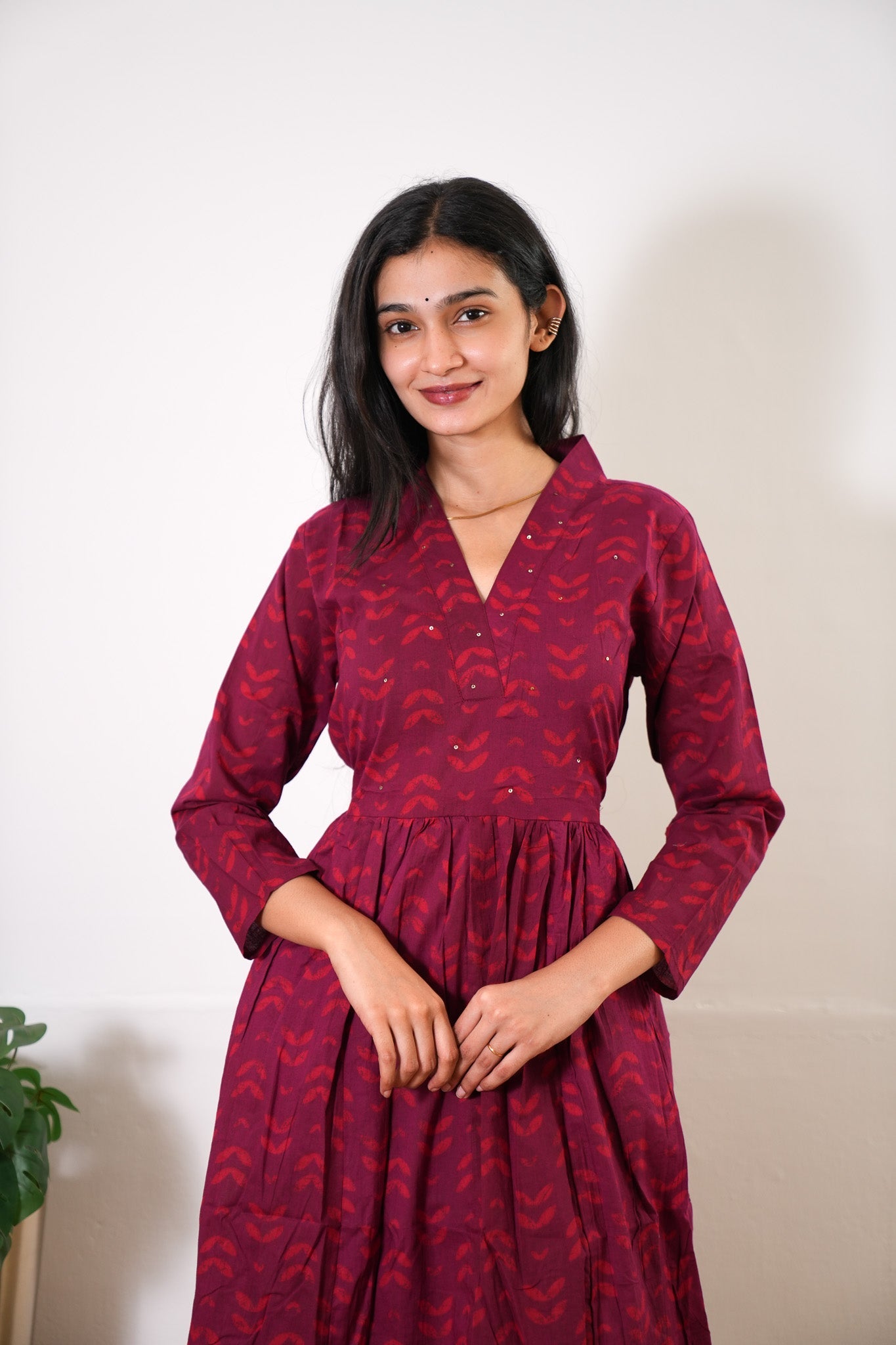 Red v neck anarkali cotton kurta