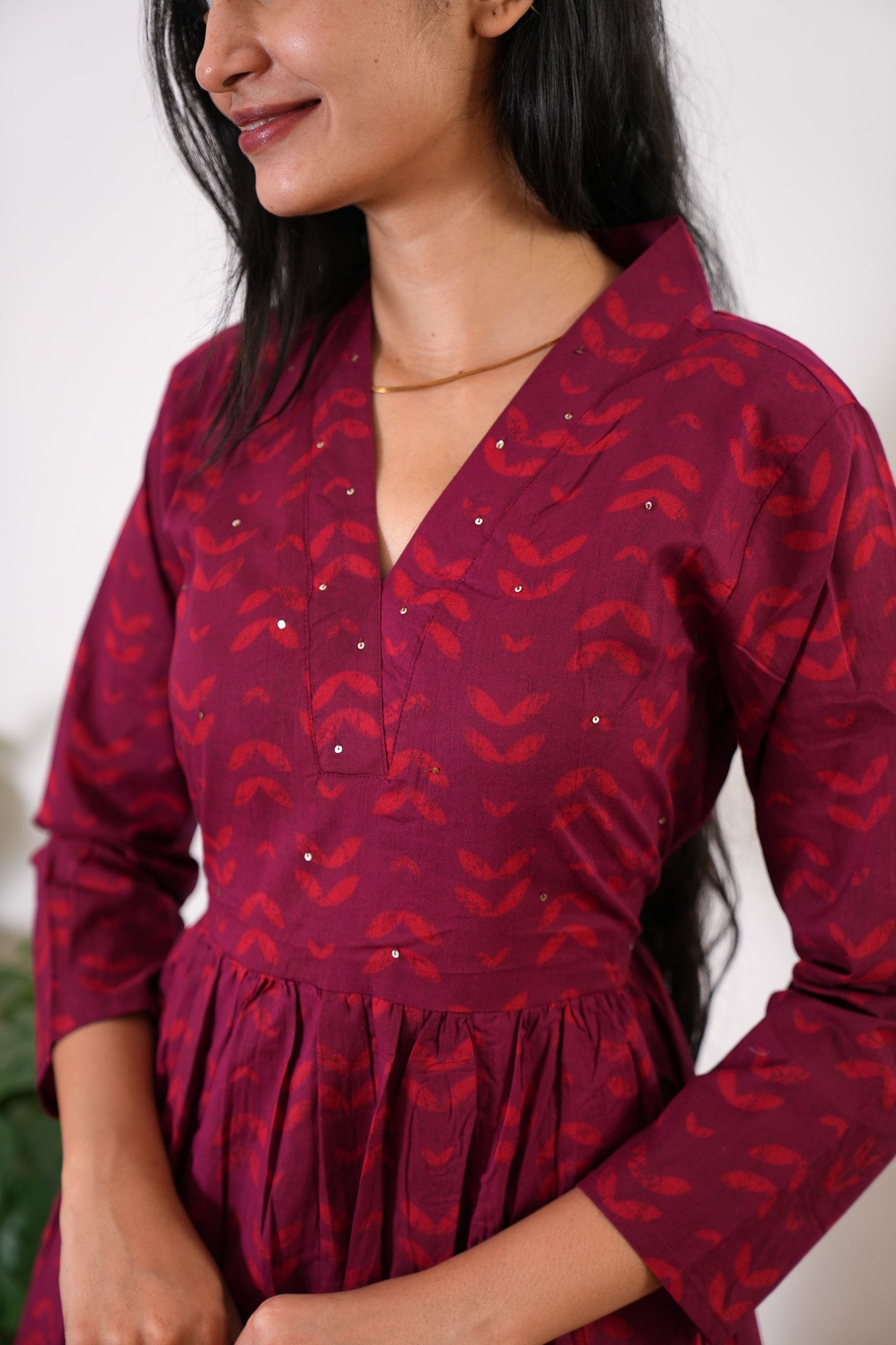 Red v neck anarkali cotton kurta