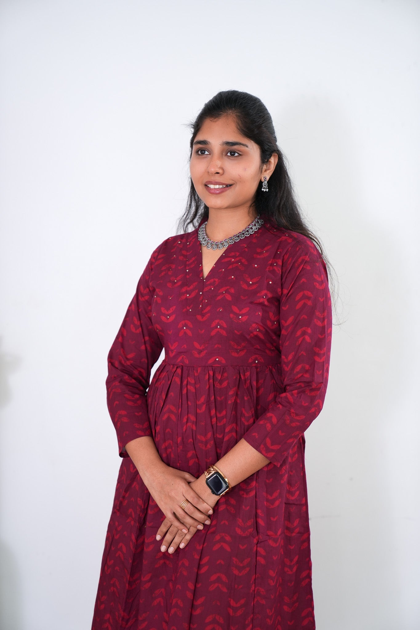 Red v neck anarkali cotton kurta